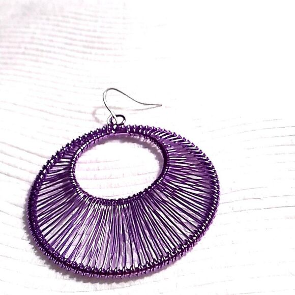 Purple Wrapped String Art Open Circle Drop Earrings - Picture 4 of 6